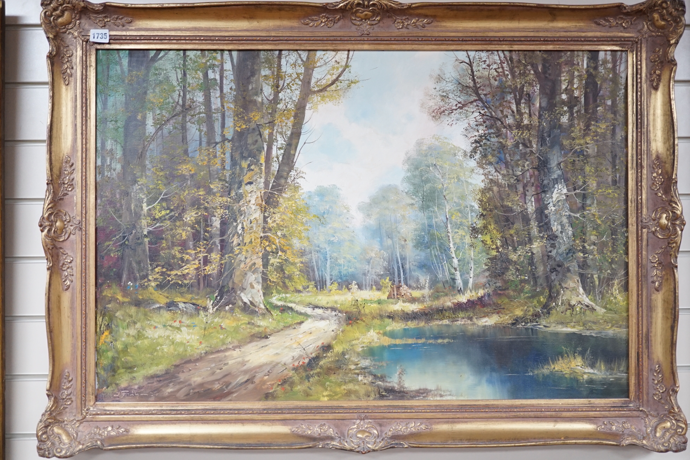 Joseph Fruhmesser (German 1929-1995), oil on canvas, Woodland path and steam, signed, 60 x 90cm